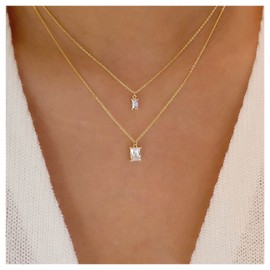 Inilbran Boho Layered Crystal Choker Necklace Gold Square Crystal Pendant Necklace Choker Vintage Crystal Gemstone Pendant Necklace Chain Geometric CZ Square Necklace