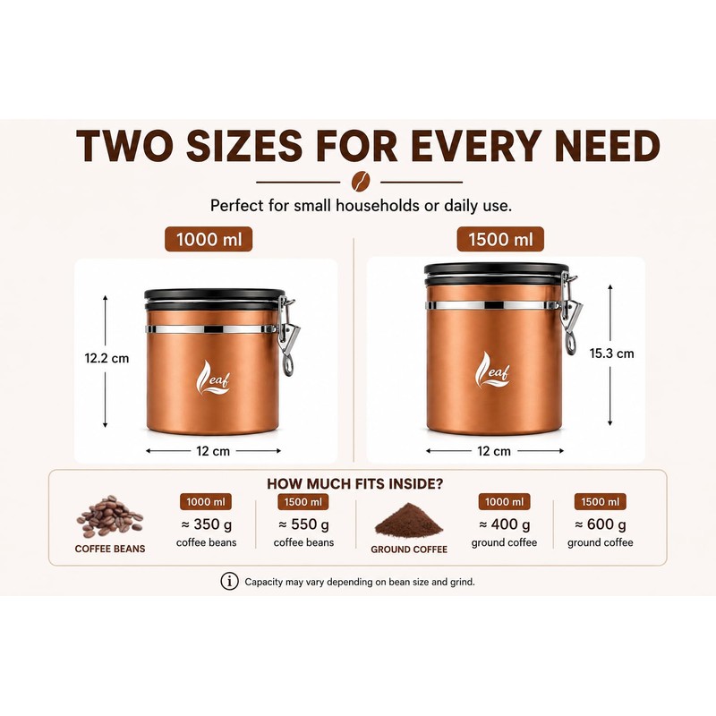 Leaf Airtight Stainless Steel Coffee Canister 1500 ml - with