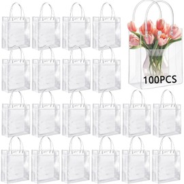 100PCS Bolsas de Regalo de PVC Transparente con Asas, Bolsas de Regalo de Plástico Transparente Reutilizable con Botón, Bolsas de Dulces para Fiesta, Compras, Cumpleaños, Boda, Favores (Medium100)
