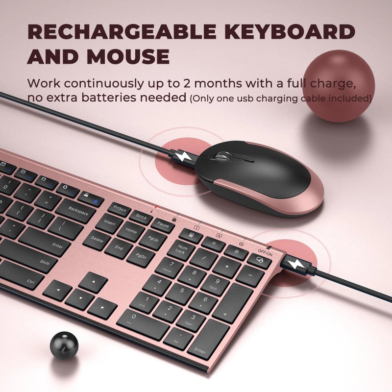 Vssoplor Wireless Keyboard and Mouse, 2.4GHz Rechargeable Compact Quiet Full-Size