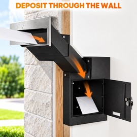 Through-Wall Locking Drop Box with Adjustable 6.63-11.7 Inch Chute, Heavy Steel Rainproof Anti-Fishing Mailbox