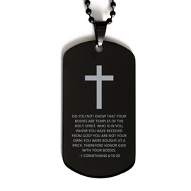 DARIN GIFT Bible Verse Black Dog Tag, 1 Corinthians 6:19-20 Motivational Inspirational Quotes Gifts Cross Faith Engraved Stainless Steel Chain Necklace For Men Women Kids