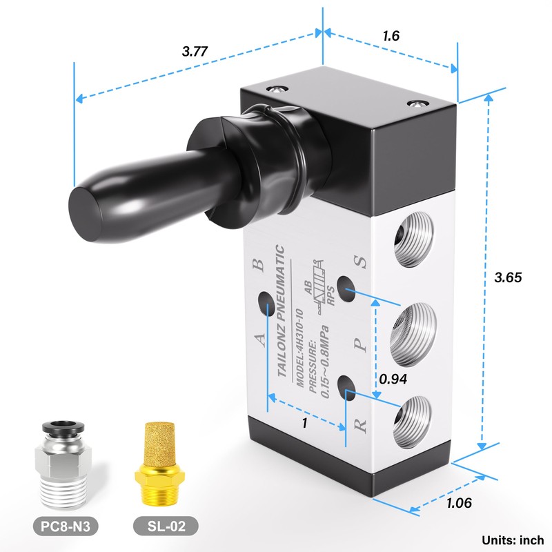 TAILONZ PNEUMATIC 3/8"NPT 5 Way 2 Postion Air Hand Lever