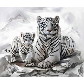Diamond Painting Set, Picture with White Tiger Mum with Cub and Accessories, Size Approx. 35 x 25 cm, Craft Set for Painting with Rhinestones for Children from 5 Years