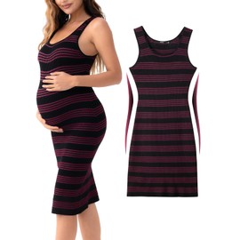 Rnxrbb Kint Summer Maternity Dress Bodycon Tank Sleeveless Pregnancy Dresses Striped,Black&Wine M
