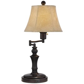 Regency Hill Corey 21.75" High Traditional Natural Cottage Swing Arm Hotel Style Desk Table Lamp with USB Ports A+C Charging Bronze Metal Faux Leather Bell Shade Living Room Bedroom House Bedside