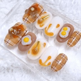 Egg and pancake handmade nail tip - Petit Square / 계란과 팬케이크 수제네일팁 - 쁘띠스퀘어