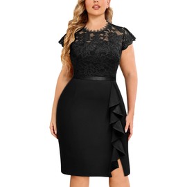 Miusol Women's Plus Size Floral Lace Contrast Ruffles Split Evening Cocktail Dress Black