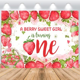 ASDCXZ 1st Birthday Backdrop Girl 2.2x1.5m, Cute Pink Strawberry Ice Cream Green Leaves 1st Birthday Girl Photo Backdrop, Vinyl Photography Backdrop for Girl's Birthday Party Decoration