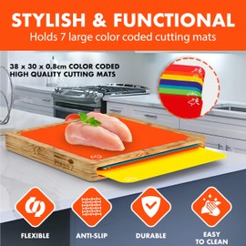 Prep EZ Cutting Boards for Kitchen – Bamboo Cutting Board with 7 Color-Coded Chopping Mats + Bonus Wood Cutting Board – Knife-Friendly & Dishwasher Safe Wooden Cutting Boards for Kitchen.