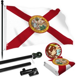 UD_G128 Combo Pack: 5 Ft Tangle Free Aluminum Spinning Flagpole (Black) & Florida FL State Flag 2x3 Ft, StormFlyer Series Embroi
