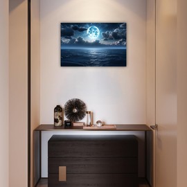 LURENCZH Moon Canvas Wall Art Ocean Full Moon Picture Prints Night Seascape Painting for Living Room Office Decor Framed(Moon-1,12.00" x 18.00")