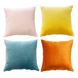 Aeuihmebg Set of 4 Soft Velvet Cushion Covers 45 x 45cm Square Home Decorative Throw Pillow Cases for Car Couch Sofa Bedroom Living Room 18x 18 inch, Yellow/Orange/Pink/Blue