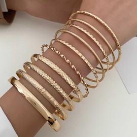 Yienate 10Pcs Boho Indian Gold/Silver Bangle Bracelets Set Funky Indian Bollywood Multiple Bangles Punk Chunky Layered Stacking Textured Bracelets Ethnic Wedding Outfit Bracelets Jewelry for Women