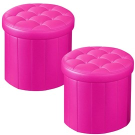 Bsketa Ottoman with Storage, Foot Rest Stool with Thicker Foam Padded Seat Leather Small Round 14“ x 14” x 13 "Inchs Storage Ottoman Bench for Living Room Foldable Pouf Coffee Table 2 Pack, Rose Red