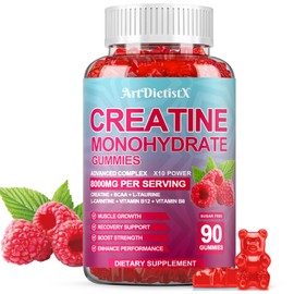 Creatine Monohydrate 8000mg Gummies with BCAA, L-Carnitine, Taurine & Vitamin B12 - Pre Workout Supplement for Muscle Growth, Strength & Energy, Raspberry Flavor Gummies, 90 Count for Men & Women
