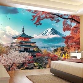 FENDROM Japanese Pink Sakura Tapestry Cherry Blossoms Temple Mountain Fuji Japan Wall Hangings Tapestry for Bedroom Living Room Dorm