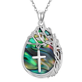YYmqmq Tree of Life Cross Pendant 925 Sterling Silver Abalone Shell Necklace Spiritual Religious Gifts for Women, Mom, Daughter