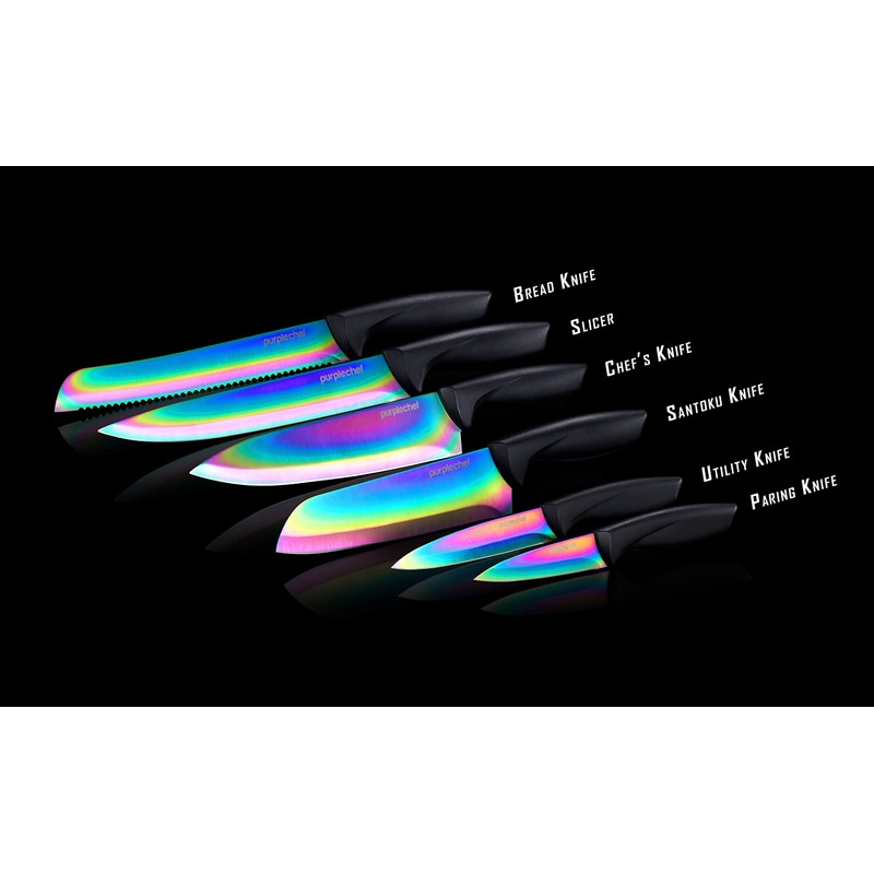 PurpleChef 10 Pieces Iridescent Rainbow Titanium Coated Kitchen Knives Set.
