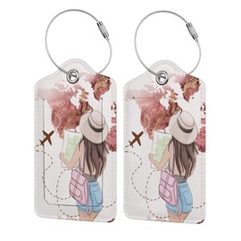 2 Pack Luggage Tags for Suitcase,Travel Girl PU Leather Travel Luggage Tag with Privacy Flap, Name ID Label and Metal Loop for Women Men Suitcase Baggage Bag Backpack