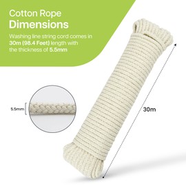Natural Cotton Clothesline Pully Rope 30m/ 98 ft Washing Line Rope 5.5mm Clothes Lines for Outside Braided Cotton Soft Rope for Garden