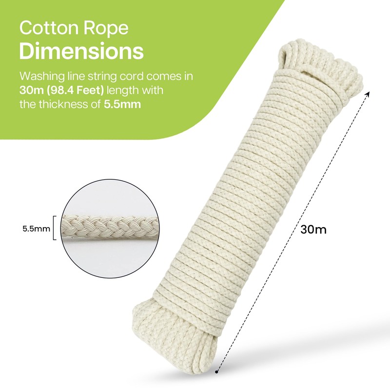 Natural Cotton Clothesline Pully Rope 30m/ 98 ft Washing Line
