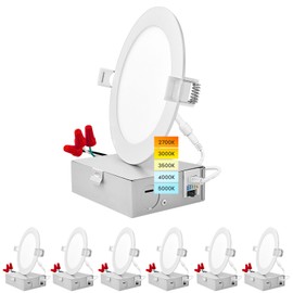 Luxrite 5 Inch Ultra Thin LED Recessed Light with Junction Box, 12W, 5CCT Color Selectable 2700K | 3000K | 3500K | 4000K | 5000K, Dimmable Wafer Lights, 1000 Lumens, ETL & Energy Star, IC Rated 6-Pack