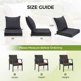 Outdoor Cushions Set 19x19x3 Inch - Waterproof & Fade Resistant Patio Furniture Cushions with Removable Cover, Ties & Handle - Deep Seat Back Cushions for Outside Chair, Sofa Couch - Dark Grey