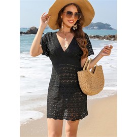 Eleganzeit Women's V-Neck Summer Bikini Cover Up Beach Summer Dress, black, XL