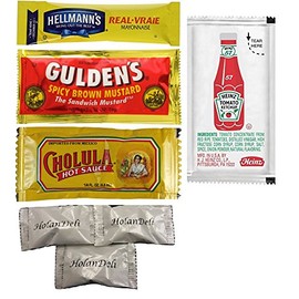 (pack of 80) Hellmann's Mayonnaise, Heinz Ketchup, Gulden's Spicy Brown Mustard, Cholula Hot Sauce. Assorted Single Serve Packets. Includes HolanDeli Mints.