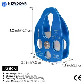 NewDoar 30KN Seilrolle Umlenkrolle Einzel-/Doppelrolle Große Rettungsrolle Einzel-/Doppelrolle mit Schwenkplatte für Rettungstransporte, Baumpfleger, Baumklettern(Einzelrolle Blau 1 Stück)