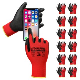 DULFINE Safety Work Gloves PU Coated for Men and Women-12 Pairs,Red Seamless Knit Glove with Two Fingers Touchscreen,Ideal for General Duty Work (Large)