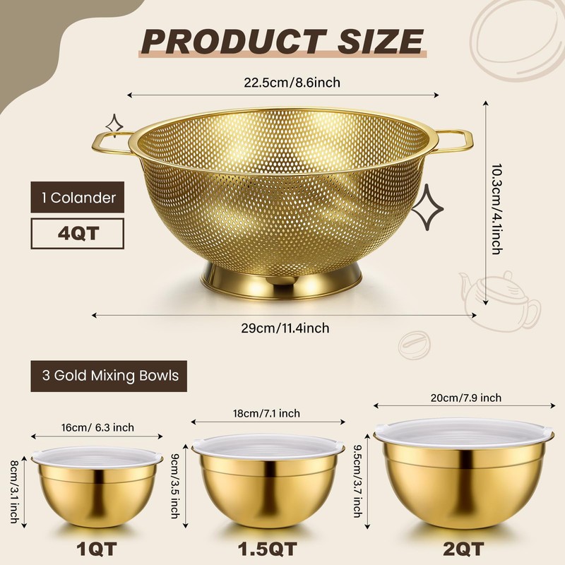 Baderke 7 Pcs Gold Kitchen Accessories Includes Stainless Steel Colander