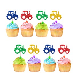 24pcs Tractor Cupcake Toppers, Farm Party Cupcake Toppers, Green Glitter Farm Tractor Cupcake Picks for Baby Shower, Truck Car Themed Birthday Party Supplies