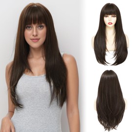 PARXITN Wig for Women 60 cm Long Straight Hair Wigs with Fringes Brown Fashion Natural Looking Synthetic Hair Wig for Daily Party Wear
