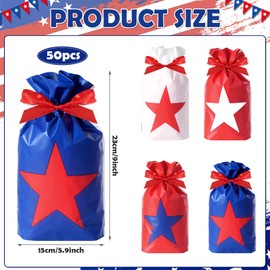 50 Pcs 4th of July Patriotic Gift Bags Decorations, Plastic American Treat Goodie Bags with Red Drawstring, Independence Day Candy Gift Wrapping for Memorial Day Patriotic Party Favor Supplies
