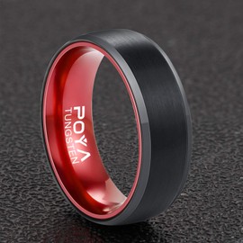 POYA TUNGSTEN Ring Mens Womens 8mm 6mm Black Plated Wedding Band Beveled Edges Anodized Orange Red Green Purple Blue Aluminum Interior Comfort Fit (Red, 10)