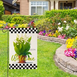 KEEPAEON 12x18 Inch Welcome Spring Seasonal Lily of the Valley Decorative Garden Flag, Buffalo Plaid Check Yard Outside Decorations, Summer Farmhouse Linen Outdoor Small Home Decor Double Sided (506)
