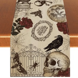 Rvsticty Linen - Camino de mesa retro de Halloween, diseño de calavera gótica para Halloween, decoración de calavera para el día de los muertos, decoración de Halloween y suministros para el hogar,