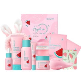 Quiyum Kit Cuidado Facial Sandía Chicas Adolescentes Sets Belleza Rutina Diaria Set Regalo Limpiador Tónico Crema Ojos Hidratante Sérum Mascari