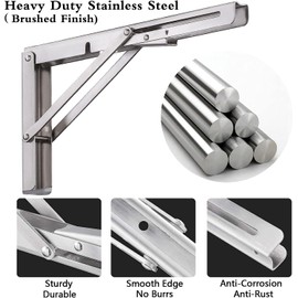 Pynsseu Folding Shelf Brackets 12 Inch，Heavy Duty Stainless Steel Foldable Wall Mount Shelf Bracket，Triangle Folding Shelf Bracket for Table Work and Bench，2 Pack