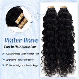 Water Wave Hair Extensions Tape in Weft Hair Extensions Real Human Hair for Black Women 40 Pieces Invisible Tape in Extension Human Hair Natural Black Water Wave Double Sided Tape ins