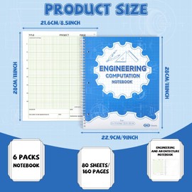 6 Pack Engineering Notebook Computation Pad 9x11 Inch Engineering Wirebound Spiral Notebook Grid Format Pad Engineer Lab Quadrille Graph Paper pad for Drafting Drawing Blueprint Sketching Landscaping