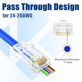 Awishwell Cat6 RJ45 Connectors 100 Pack, RJ45 Pass Through Connector Network Connector, Cat5 Cat6 Pass Through Connectors UTP Network Plug-Easy to Crimp