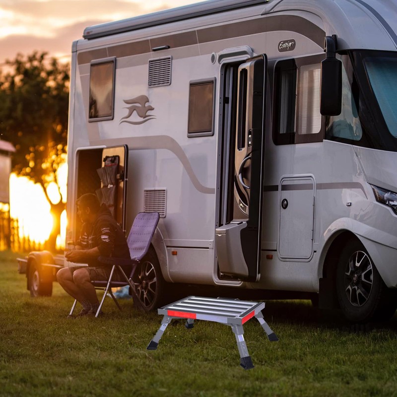 Homeon Wheels RV Step Stool, Adjustable Height Aluminum Folding Platform