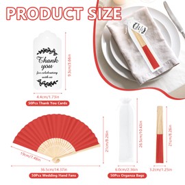 wxfdac 50Set Wedding Hand Fans Party Favors Red Paper Folding Handheld Fans Bulk, DIY Bamboo Fans with Thank Tag Organza Bag for Guests Bridal Dancing Props Church Decoation
