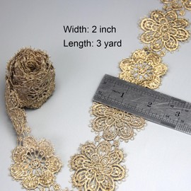 Gold Lace Trim for Sewing,Golden Lace for Borders Indian,Gold Flower Laces Ribbon 2 Inch Wide,Vintage Embroidered Laces Fabric for Dress,Decorative DIY,Gowns, Weddings,Party(3 Yards)