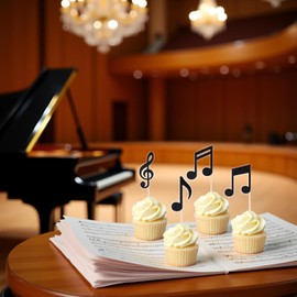 36pcs Musical Notes Cupcake Toppers，Black Glitter Note Cupcake Picks For Rock Music Concerts, Themed Parties, And Birthdays Party Decorations