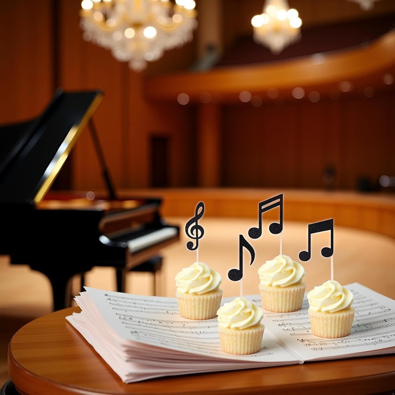 36pcs Musical Notes Cupcake Toppers，Black Glitter Note Cupcake Picks For
