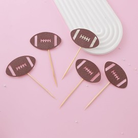 48 Pcs Football Cupcake Toppers - Brown Glitter Decorations for Baby's 1st Birthday, Baby Shower, Party, or Photo Booth Props
